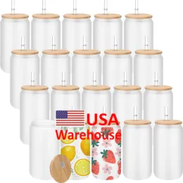 12oz 16oz USA Warehouse Water Bottles DIY Blank Sublimation Can Tumblers Shaped Beer Glass Cups with Bamboo Lid and Straw for Iced Coffee Soda i0526