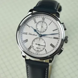 Armbandsur hruodland mäns retro kronograf armbandsur vit urtavla safir glas vk61 kvarts rörelse stopp klockfunktion
