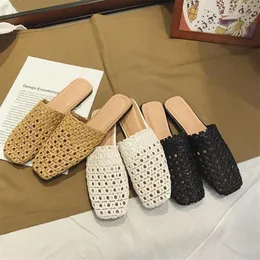 Slippers Shoes Soft Slides Slipers Women Cover Toe Low Loafers Fretwork Heels Comfort 2023 Flat Basic Fabric Rubber Cane PU