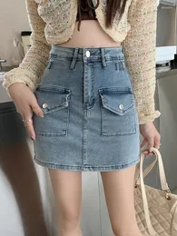 스커트 LY VAREY LIN SPRING SMINI MINI DENIM 여성 패션 하이 허리 포켓 짧은 치마 레이디 캐주얼 슬림 A- 라인