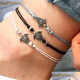 Charm armband nya vintage havssköldpadda armband anklet vit svart blå 3 färger vaxrep strand ankletter för kvinnor bohemiska smycken w dha3t