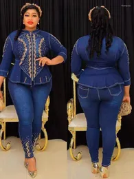 Abbigliamento etnico Abiti africani per le donne Primavera Autunno Mezza manica Denim 2 pezzi Set Top Pantalone lungo Set coordinato Completo L-3XL