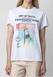 23SS Zadig Voltaire Summer Cotton New Designer T Shirt Coconut Tree Landscape White Ink Digital Printing Hot Diamond Women Short Sleeve Fashion Tops