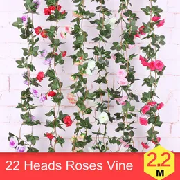 Kwiaty dekoracyjne 2.2m 22 -głośne sztuczne jedwabne róże kwiat winorośl ślub przyjęcia urodzinowe wystrój fałszywy rattan wiszący ftografia rekwizyty