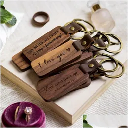 Keychains Lanyards Personalized Leather Keychain Pendant Beech Wood Carving Lage Decoration Key Ring Diy Thanksgiving Fathers Day Dhabo