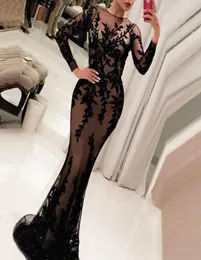 2022 Eleganckie sukienki wieczorowe z długim rękawem Vestidos Czarne aplikacje Długie suknie balowe Avondjurk Dubai Mermaid Formalne suknie wieczorowe 038091310