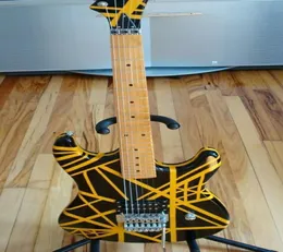 Gangue KRA rara Edward van Halen 5150 listra amarela Guitarra elétrica preta Floyd Rose Tremolo Bridge Maple Fingboard9659018