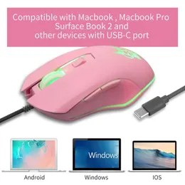 Ratos Rosa Coelho USB C Mouse com luz de fundo LED 2400DPI Type C Mouse com fio para MacBook Chromebook Laptop Matebook X Tablet