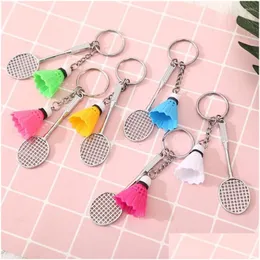 Keychains Lanyards Creative Badminton Keychain Basketball Football Rugby Key Ring Simple Simation Sporting Goods Activity Pendant Dh5Vk