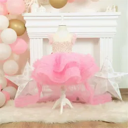 Girl Dresses High-Low Fluffy Baby Girls Tulle Sheer Neck Birthday Party Gown Christmas Dress With Detachable Train