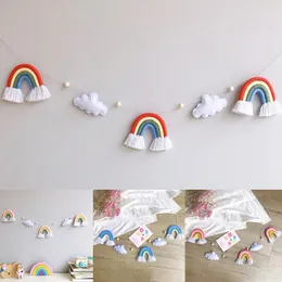 Plush Wall Stuff INS Felt Cloud Knitting Wool Rainbow Tassel Wall Hanging Decor Boho Wooden Beads Garland Pendant Kids Room Home Nursery Decor 230526