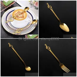Baking Pastry Tools 6Pcs Stainless Steel Coffee Spoon Tableware Assorted Music Note Dessert Fork Tea Bar Cake Drop Delivery Home G Dhtwu
