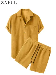 Conjunto de chándal para hombre, camisa informal de manga corta de pana con pantalones cortos, ropa informal acanalada sólida de dos piezas