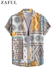 Korta ärmar skjortor för män retro blommigt tryck geometriskt mönster streetwear skjorta sommarstrandsemester