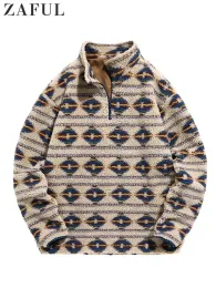 Men s Hoodie Ethnic Print Turtleneck Sweatshirt Faux Shearling Fuzzy Streetwear Pullover Unisex Fall Winter Zipper Jumper
