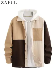 Jacket Shirt for Men Colorblock Woolen Jacket Turn-down Collar Streetwear Coats with Front Pocket Fall Winter Outerwear