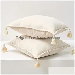 Cushion/Decorative Pillow Canirica Veet Cushion Er With Tassel 45X45Cm Soft Decoration Pillows For Living Room Solid Housse De Drop Dh4B1