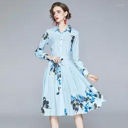 Robes décontractées JSXDHK femmes élégantes bleu simple boutonnage chemise robe mode automne fleur imprimer à manches longues Vintage Midi Vestidos