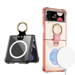 Luxury Magnetic Plating Transparent Vogue Phone Case för Samsung Galaxy Folding Z Flip3 Flip4 5G Ring Holder Clear Kickstand Shell Stödja trådlös laddning