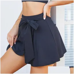 Saias Halara com Poackets Mulheres Esportes Yoga Escola Bow Tie Shorts Saia Dobras Mini Saia Cintura Alta Ride Faldas Mujer Drop Delivery Dhgh5