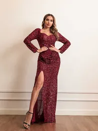 2022 Abito da donna con paillettes a maniche lunghe con scollo a V Abito da sera elegante Abito da donna maxi vestito da trascinamento Vestidos