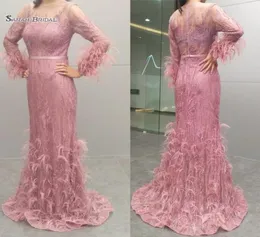 Real Pictures Noble Evening Formal Dress Lace Mermaid Long Sleeves Feather Prom Party Wear Maxi Gowns4860320