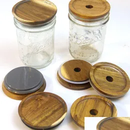 Drinkware Lid Natural Wooden Beverage 70/90Mm Environmentfriendly Wide Mouth Round Bottle Cap Mason Jar Drop Delivery Home Garden Ki Dh4J7