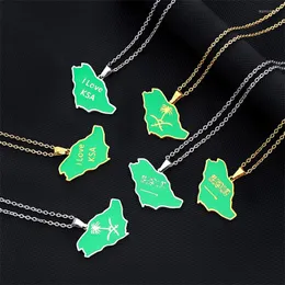 Chains Saudi Arabia Map With Green Enamel Flag Pendant Necklace Stainless Steel Gold Silver Color Arab Emblem Symbol Ethnic Jewelry