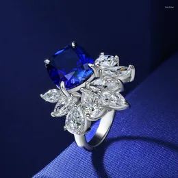 Anillos de racimo Anillo de bodas Diamante azul brillante Compromiso de plata esterlina 925 Clásico para mujeres Regalos de joyería roja al por mayor