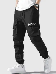 Cargo Pants for Men Letter Graphic Drawstring Tooling Trousers with Multi-pockets Elastic Streetwear Beam Feet Long Pants