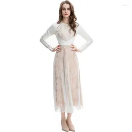 Casual Dresses Janeyiren Fashion Runway Dress Autumn/Winter Women Long Sleeve Stitching Black Mesh Lace Pleated Party