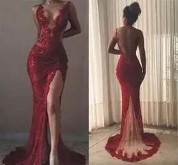 Sexy Red Spaghetti Full Lace Mermaid Prom Dress Vintage Open Back Beaded Formal Evening Gown Long Plus Size Party Bridesmaid Dress Gowns
