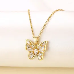 Pendant Necklaces Trendy Titanium Entry Lux Zircon Butterfly Necklace Women Stainless Steel Clavicle Chain For Bijoux QR-04