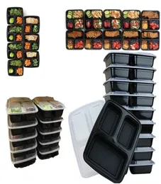 10st Meal Prep Containers Plastic Food Storage Återanvändbar mikrovågsbar 3 fackbehållare med lock LJ2008124096066