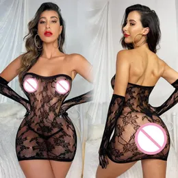 Casual Dresses Sexy Body Stocking Dress Fishnet Bodysuit One-piece Strapless Mesh Perspective Bodystockings Lingerie Sex Clothes