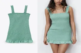 Textured Weave Mini Summer Dress Women Sleeveless Straps Ruffle Elastic Smocked Vintage Beach Woman Green es 2105184242381