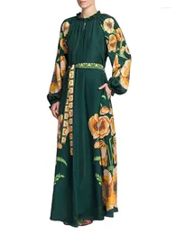 Casual Dresses Runway Fashion 2023 Autumn Bohemian Long Dress Women Green Flower Printed Lantern Sleeve Shirring Belt Elegant Loose Party