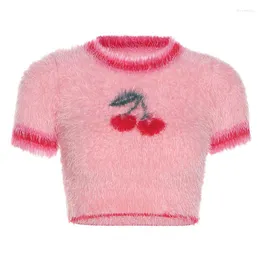 女性用Tシャツファッションサマー夏の女性編みセーターTシャツOネッククロップドネーベルかわいい甘いチェリートップティーレディース半袖カジュアル