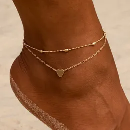 여성을위한 Anklets 2pcs/set Chain Love Heart Gold Silver Color Fashion Jewelry Beach Summer Foot Decor Girls