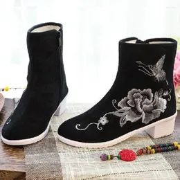 Boots Spring Autumn China Style Retro Thick Heels Embroider Zipper Sewing Canvas Women Ankle Short Equestrian 20230701