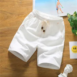 Calça curta masculina no verão algodão tendência casual solta calças de praia de linho de linho