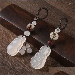 Keychains Lanyards Ethnic Carved Gourd Guan Yin Buddha Round Pendant Keychain Women Pixiu Bodhi Lotus Key Ring Holder Spiritual Me Dhrkh