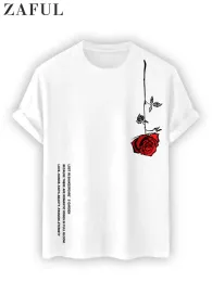 Bomulls-T-shirt för män Floral Rose Letter Tryckta korta ärmar T-shirt O-Neck Streetwear Tees Summer Ztp Tops