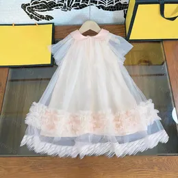 23ss ciasto sukienka sukienki dla dziewczynek sukienki księżniczki letnia sukienka dla dzieci markowe ubrania Lapel Netto przędza Hem napisy koronki hafty sukienka z krótkim rękawem ubrania dla dzieci