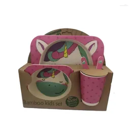 Servis uppsättningar Animal Children's Set Wholesale Multicolor Rose Pink Cyan Blue Bamboo Fiber Bowl Plate Cartoon Mönster Baby Gift