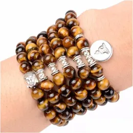 حبلا من الخرز 108pcs Mala Beads Bracelet Stone Natural Yellow Tiger Eye Buddha Charm Bracelets for Women Men yoga Jewelry Drop Delive dhwxq