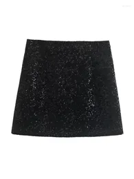 Skirts ZXQJ Women 2023 Fashion Shiny Sequins Mini Skirt Vintage High Waist Side Zipper Female Mujer