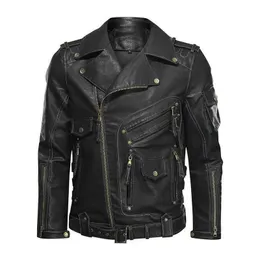 Herbst Straße Männer Schwarz Revers Hals Echtes Leder Motorrad Jacken Multi Tasche Zipper Punk Biker Leder Jacke