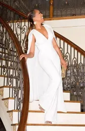 White Jumpsuit Evening Prom Dresses Party Dress Evening Gowns with Cape Wrap Vestido De Festa V Neck Pants Suit Dresses Plus Size 8008721