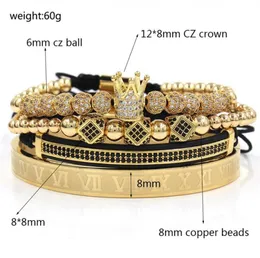 4pcs set Gold Black Hip Hop Hand Made Beaded Bracelet Men Copper Pave CZ Zircon Crown Roman Numeral Bangles Bracelets Jewelry 20 s4688496